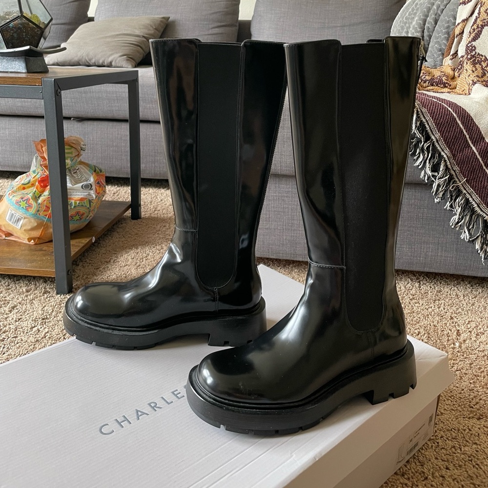 Charles & Keith Black Platform Zip-Up Chelsea Knee Boots (New with box!)